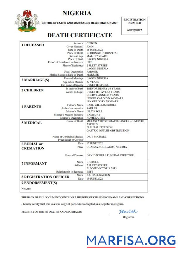 Printable Nigeria vital record death certificate Word and PDF template
